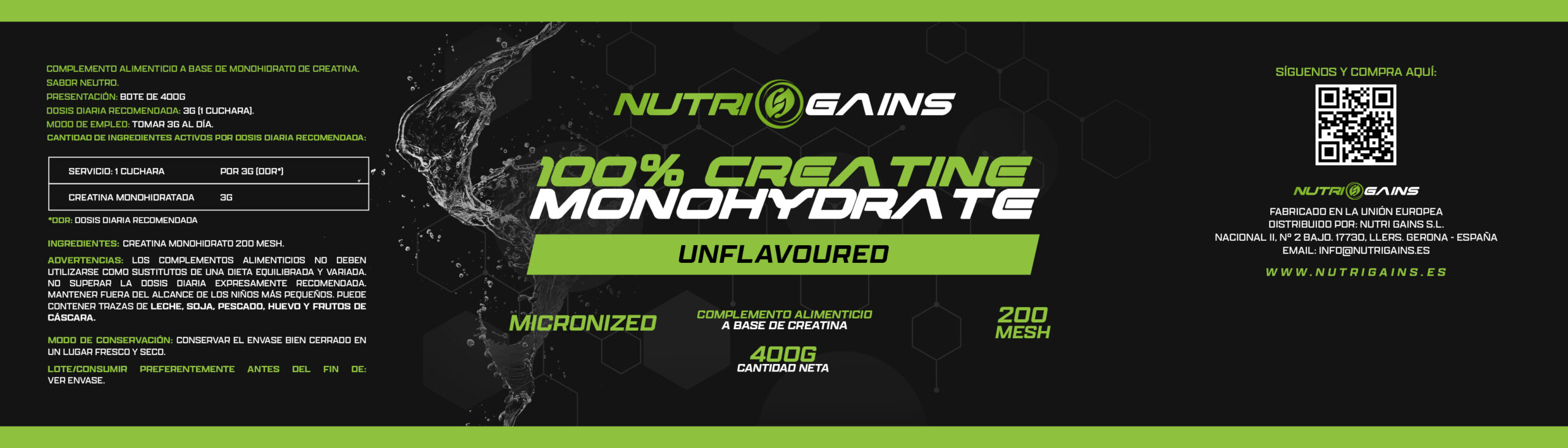 NUTRI GAINS CREATINA 400G UNFALVOURED - Imagen 2