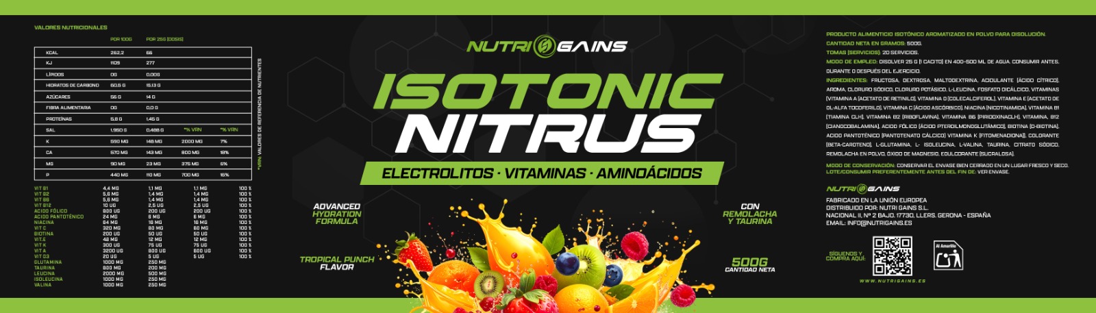NUTRI GAINS ISOTÓNICO NITRUS 500G TROPICAL PUNCH - Imagen 2